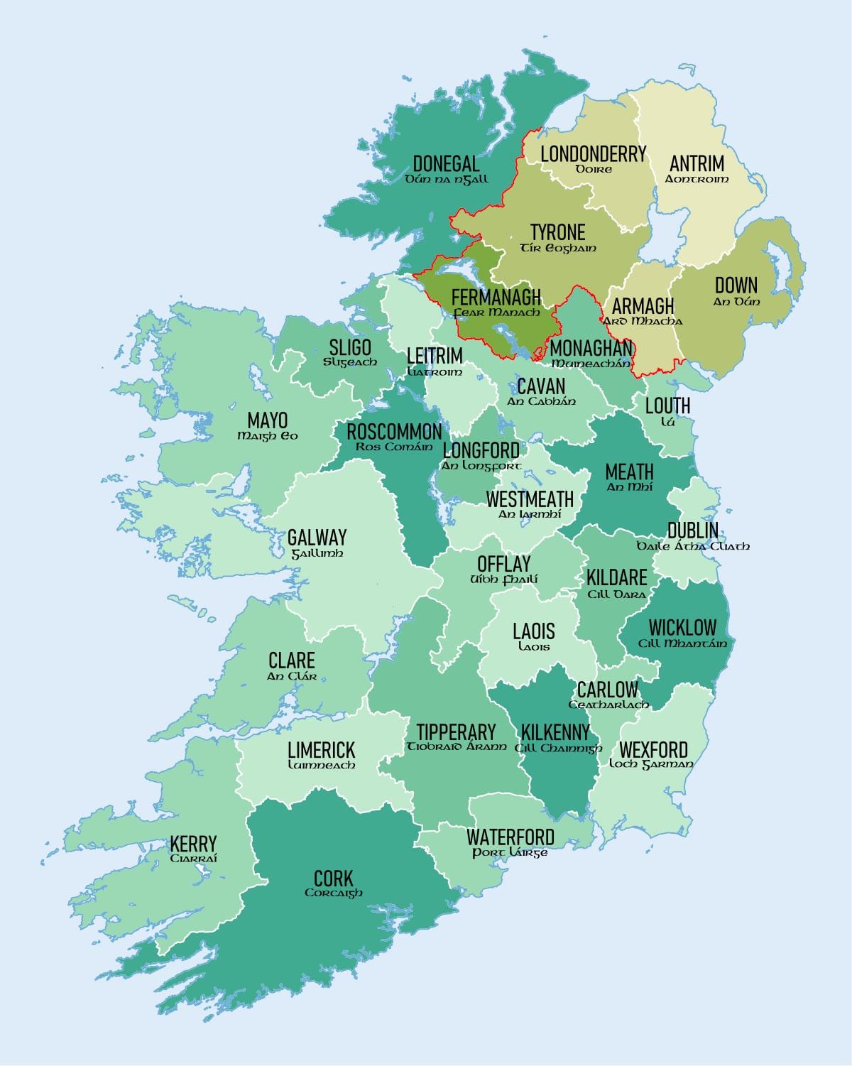 İrlanda Cumhuriyeti haritası ilçeleri gösteren