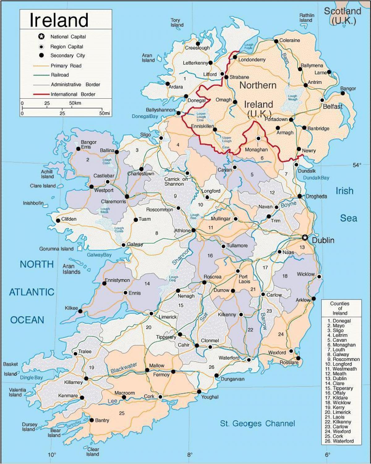 İrlanda haritası ilçeler de dahil olmak üzere 